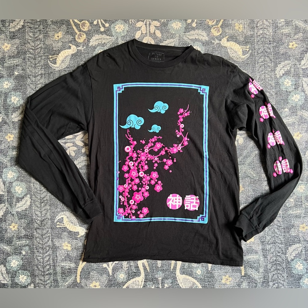 Return to Sender long sleeve black T-shirt Asian cherry blossom graphic